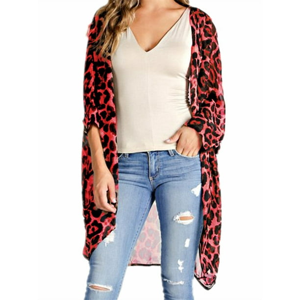 Womens Leopard Kimono Cardigan Open Front Boho Camo Long Sleeve Long Maxi Jacket